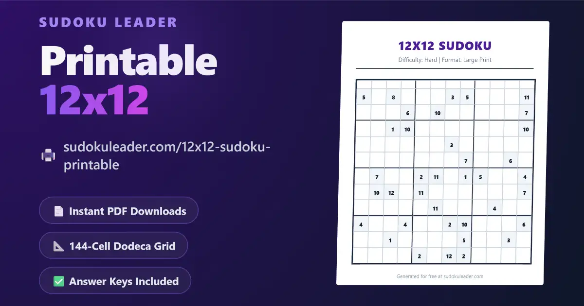 Generate Free 12x12 Sudoku Printable PDF puzzles at Sudoku Leader - A 3D mockup of a high-quality A4 worksheet featuring a massive 144-cell Dodeca grid.