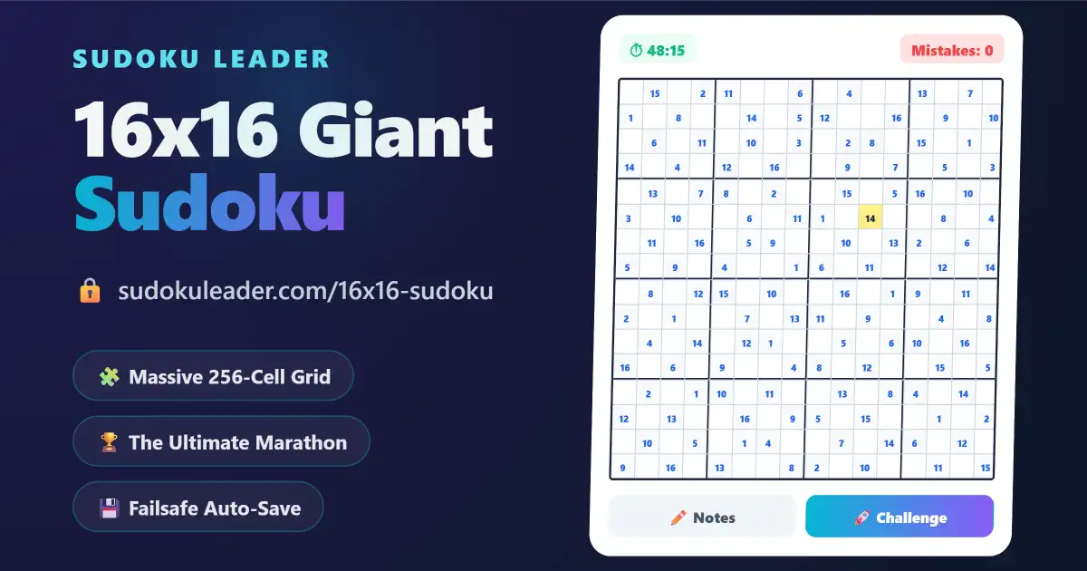 Play Free 16x16 Sudoku on Sudoku Leader - A massive 256-cell game interface featuring cyan and purple gradient accents.