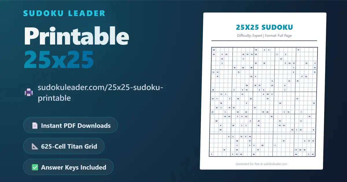 Generate Free 25x25 Printable Sudoku PDF puzzles at Sudoku Leader - A 3D mockup of a high-quality A4 worksheet featuring the massive 625-cell Titan grid.
