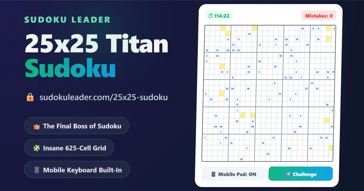 Play Free 25x25 Sudoku on Sudoku Leader - A massive 625-cell logic puzzle interface featuring emerald gradient accents.