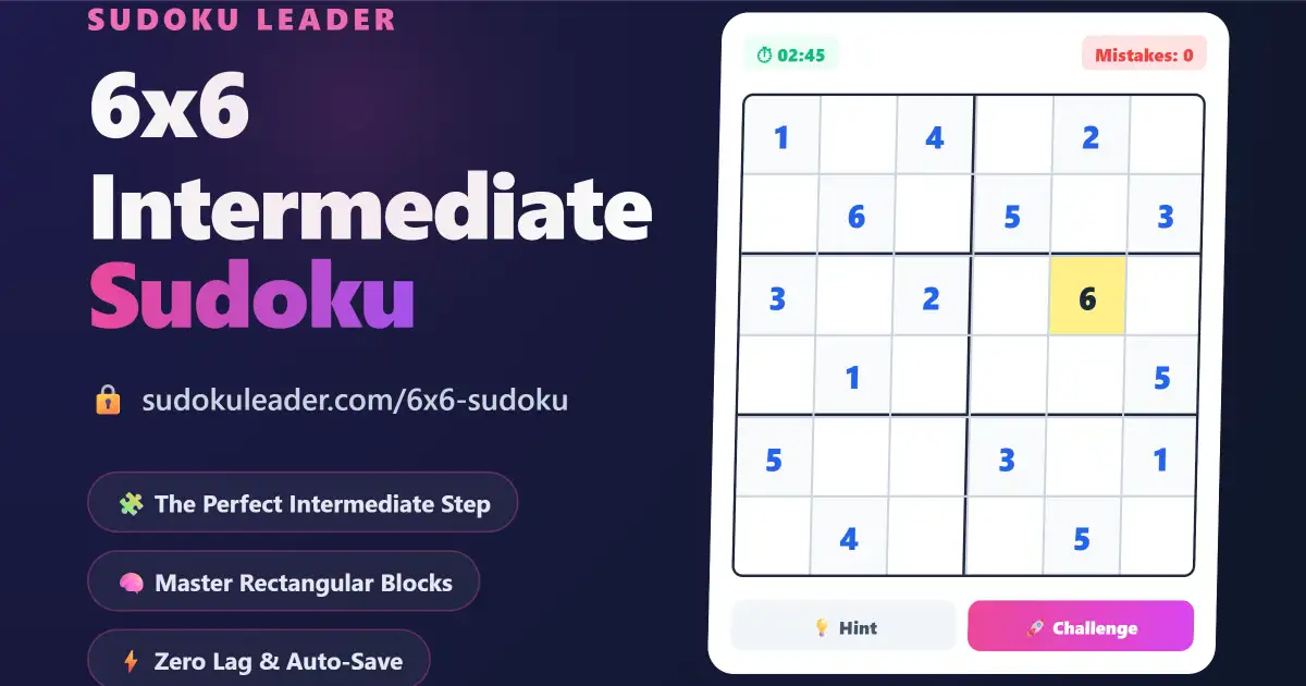 Play Free 6x6 Sudoku on Sudoku Leader - A premium 6-cell grid interface with real-time auto-save and logic tools.