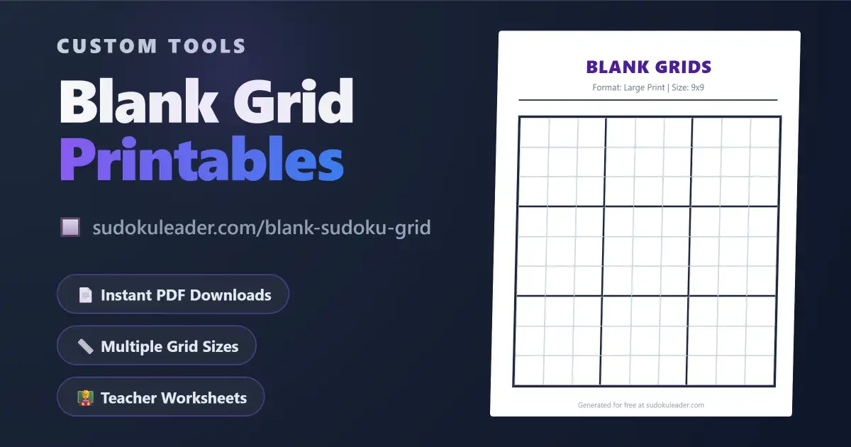 Blank Sudoku Grid Generator Tool by Sudoku Leader - A 3D mockup of a high-quality printed PDF featuring an empty 9x9 puzzle board.