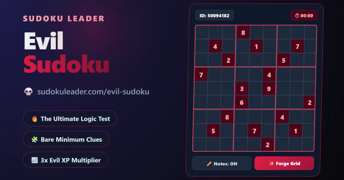 Play Free Evil Sudoku online at Sudoku Leader - A hardcore, dark-themed logic puzzle interface with bare minimum clues and advanced scanning tools.