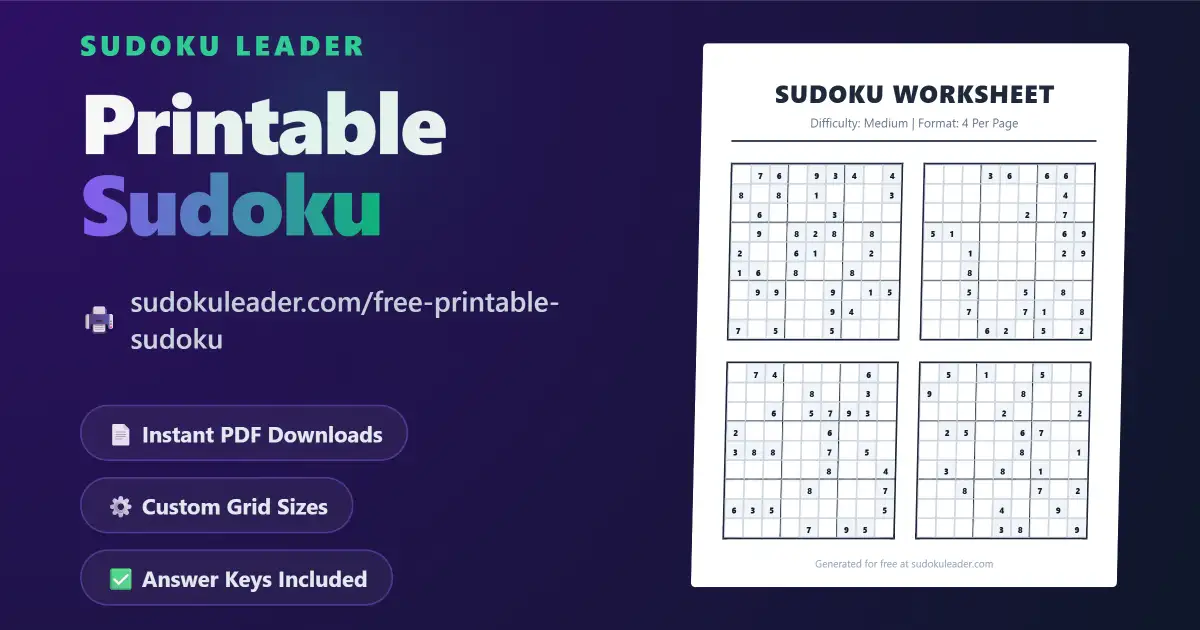 Generate Free Printable Sudoku puzzles PDF at Sudoku Leader - A 3D mockup of a high-quality A4 worksheet featuring four 9x9 grids against a purple and emerald gradient background.