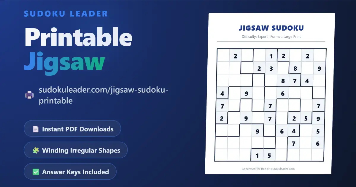 Generate Free Jigsaw Printable Sudoku PDF puzzles at Sudoku Leader - A 3D mockup of a high-quality A4 worksheet featuring a 9x9 grid with irregular winding shapes and thick geometric borders.