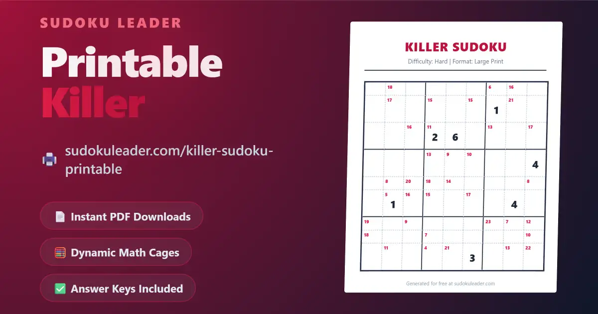 Generate a Free Killer Sudoku Printable PDF at Sudoku Leader - A 3D mockup of a high-quality A4 worksheet featuring a 9x9 grid with dashed lines and red math sum cages.