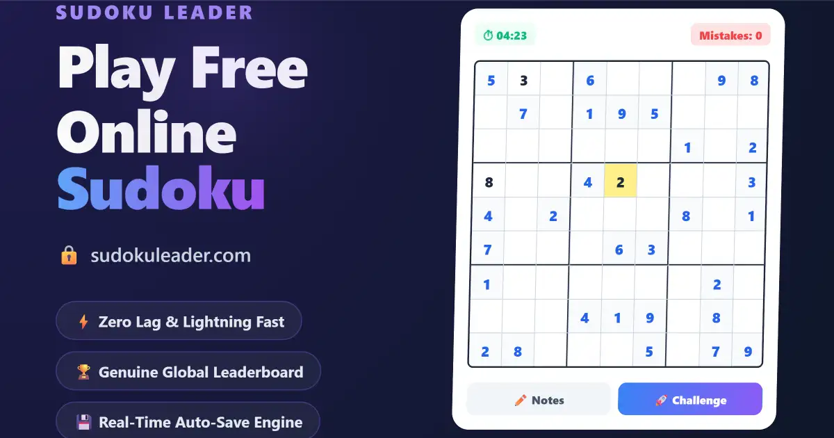 Play Free Online Sudoku on Sudoku Leader - A modern 9x9 game interface featuring a global leaderboard, real-time auto-save, and a clean digital keypad on a premium dark theme.