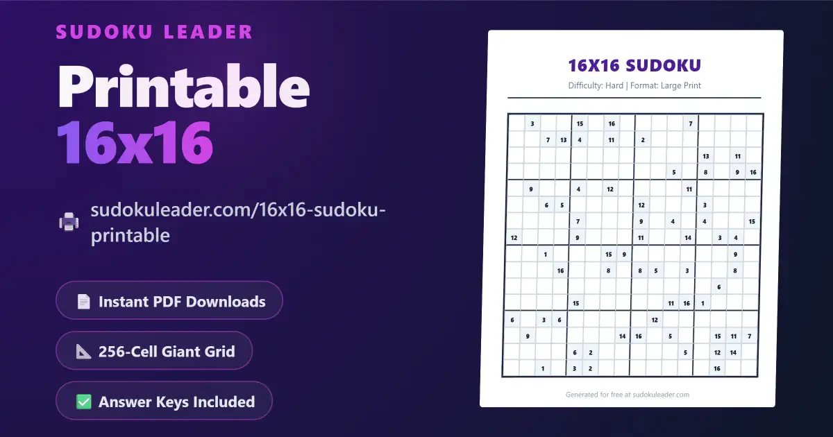 Generate Free 16x16 Printable Sudoku PDF puzzles at Sudoku Leader - A 3D mockup of a high-quality A4 worksheet featuring a massive 256-cell Hexadoku grid.
