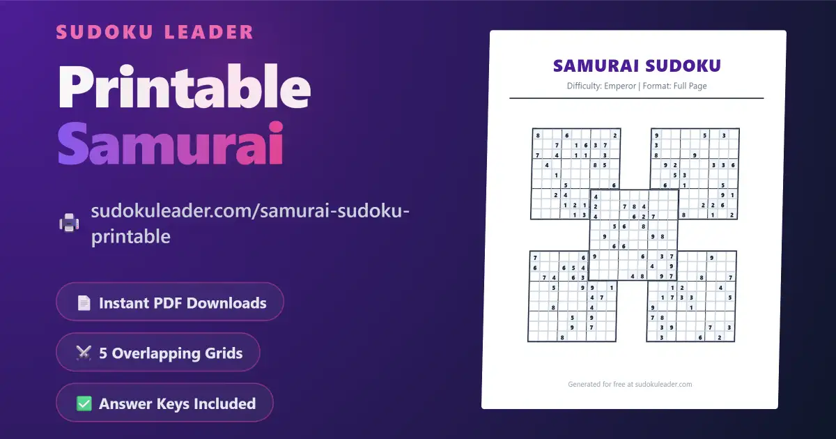 Generate a Free Samurai Sudoku Printable PDF at Sudoku Leader - A 3D mockup of a high-quality A4 worksheet featuring five overlapping 9x9 grids.