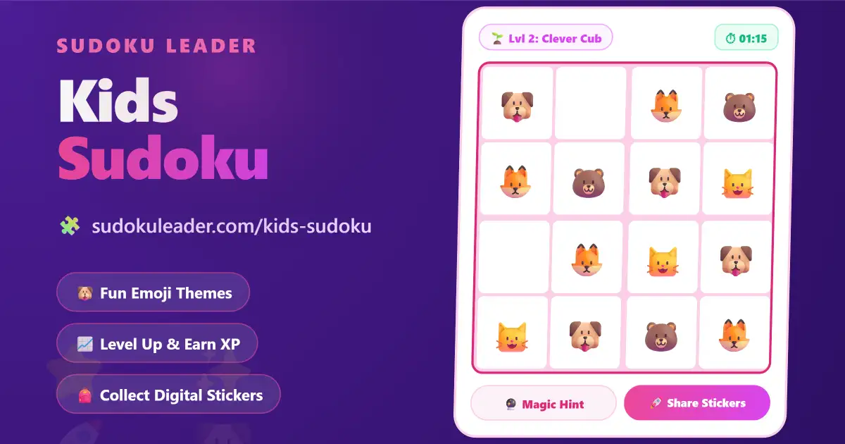 Play Free Sudoku for Kids online at Sudoku Leader - A playful, gamified 4x4 puzzle interface featuring cute animal emojis, XP tracking, and digital sticker rewards.