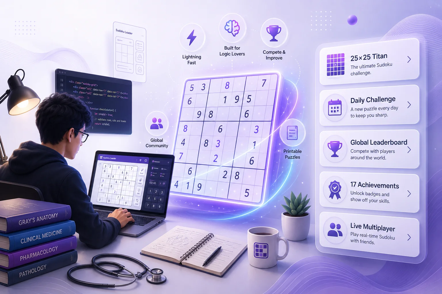 Illustration of Sudoku Leader founder building a premium Sudoku website featuring 25×25 Titan puzzles, daily challenges, global leaderboards, achievements, and live multiplayer gameplay.